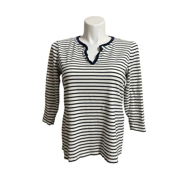 LANDS END Striped 3/4 Sleeve Tee Navy White Ruffled‎ V-Neck Coastal SZ 14-16 - Picture 1 of 11